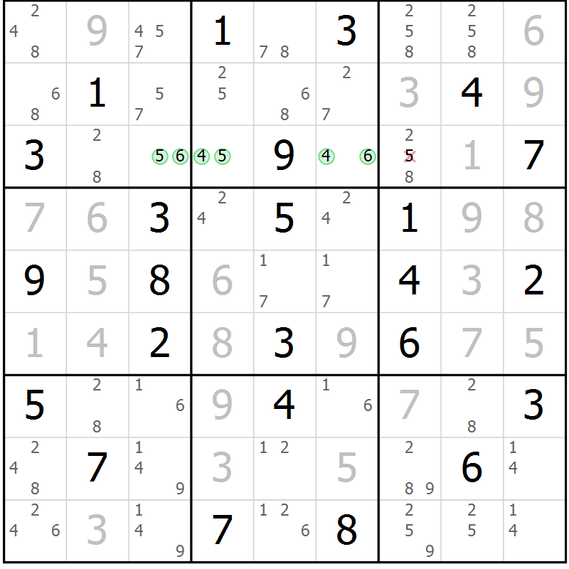 Position des candidats pour la solution de la Gr 40 page 43 du magazine de sudoku Virtuose n° 111