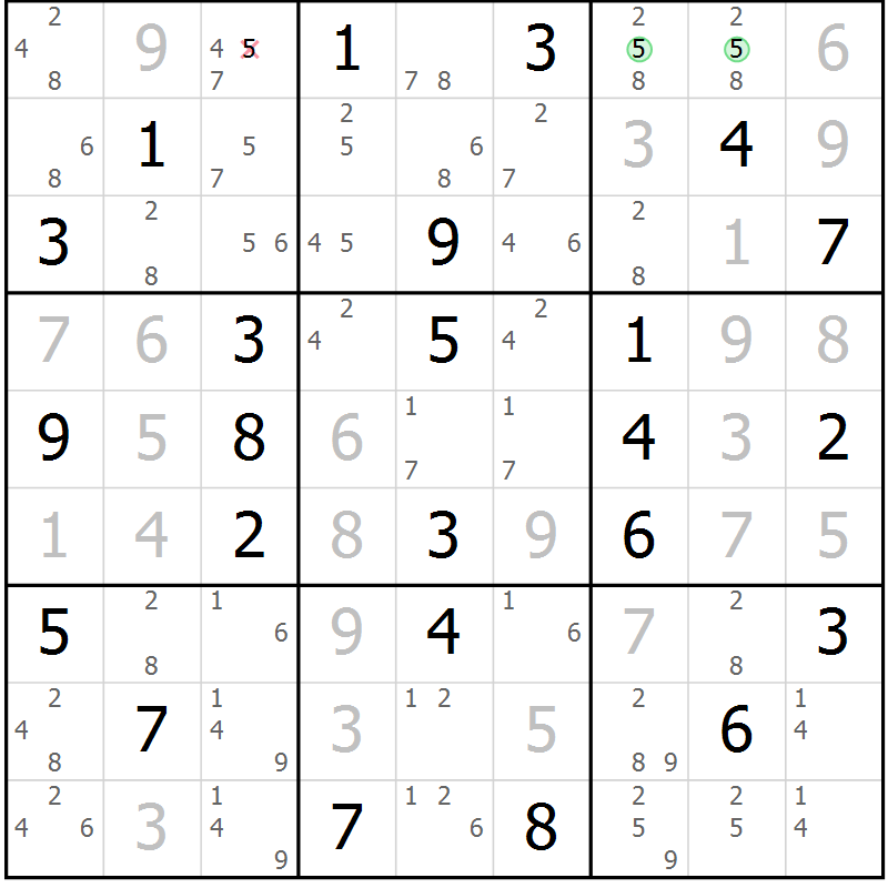 Position des candidats pour la solution de la Gr 40 page 43 du magazine de sudoku Virtuose n° 111