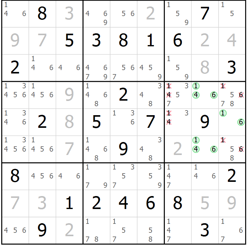 Position des candidats pour la solution de la Gr 43 page 46 du magazine de sudoku Virtuose n° 111