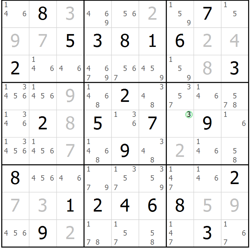 Position des candidats pour la solution de la Gr 43 page 46 du magazine de sudoku Virtuose n° 111