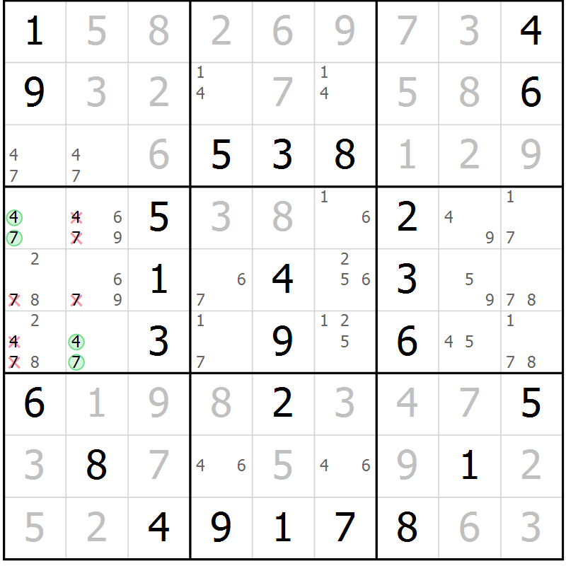 Position des candidats pour la solution de la Gr 44 page 47 du magazine de sudoku Virtuose n° 111