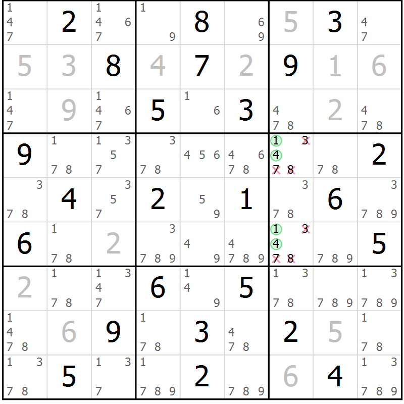 Position des candidats pour la solution de la Gr 45 page 48 du magazine de sudoku Virtuose n° 111