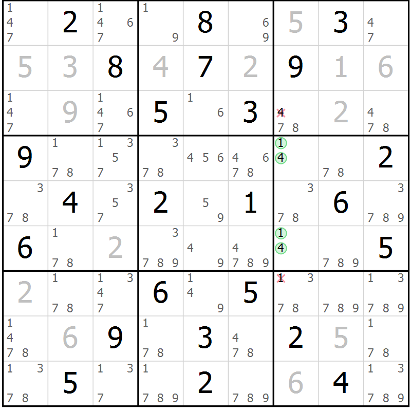 Position des candidats pour la solution de la Gr 45 page 48 du magazine de sudoku Virtuose n° 111