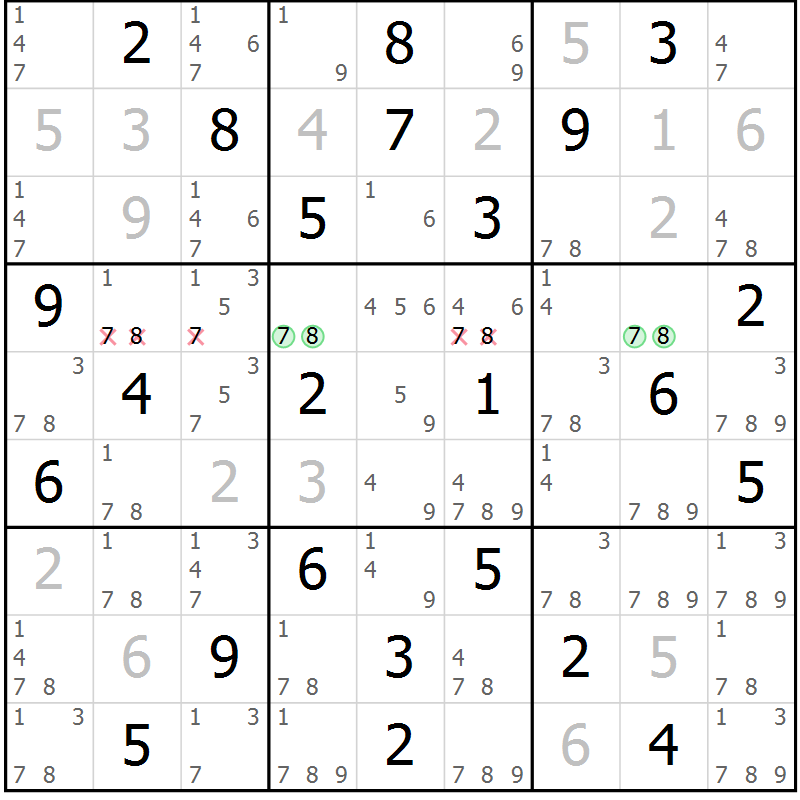 Position des candidats pour la solution de la Gr 45 page 48 du magazine de sudoku Virtuose n° 111