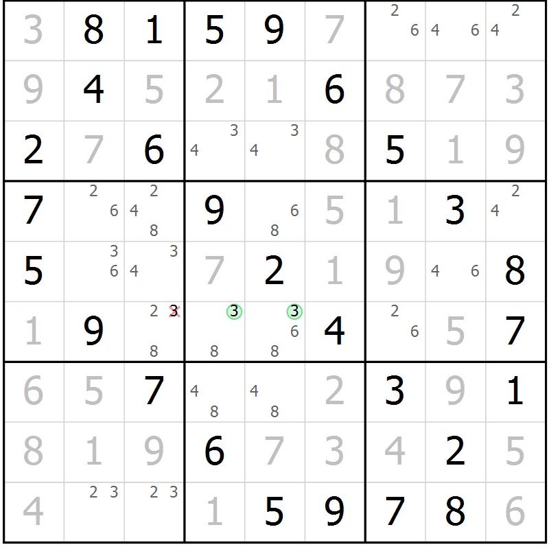 Position des candidats pour la solution de la Gr 46 page 49 du magazine de sudoku Virtuose n° 111