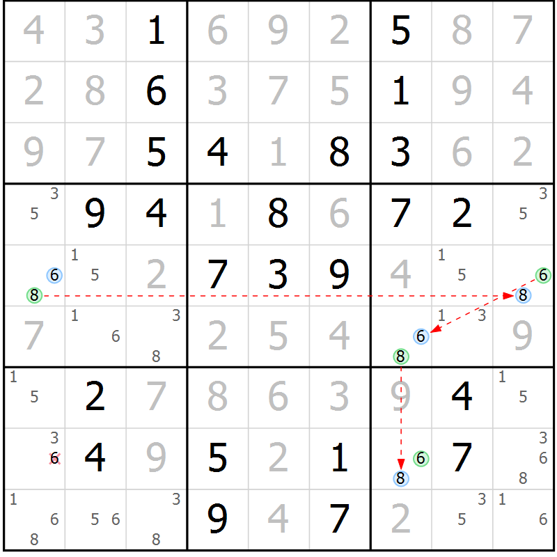 Position des candidats pour la solution de la Gr 49 page 52 du magazine de sudoku Virtuose n° 111