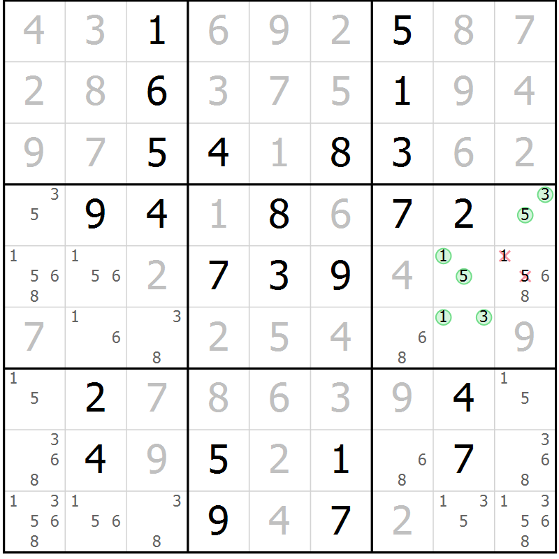Position des candidats pour la solution de la Gr 49 page 52 du magazine de sudoku Virtuose n° 111