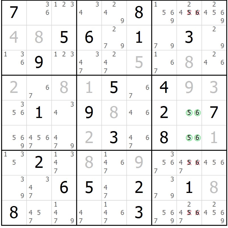 Position des candidats pour la solution de la Gr 5 page 8 du magazine de sudoku Virtuose n° 111