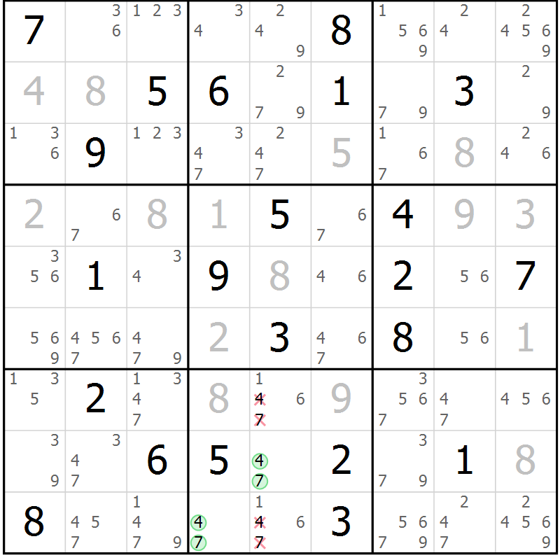 Position des candidats pour la solution de la Gr 5 page 8 du magazine de sudoku Virtuose n° 111