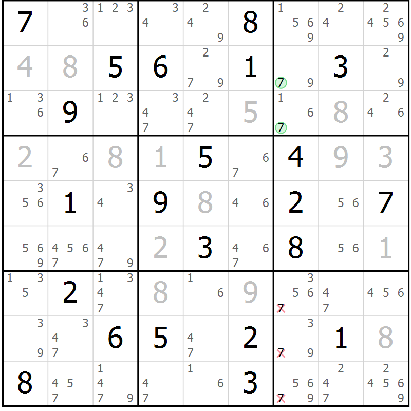 Position des candidats pour la solution de la Gr 5 page 8 du magazine de sudoku Virtuose n° 111