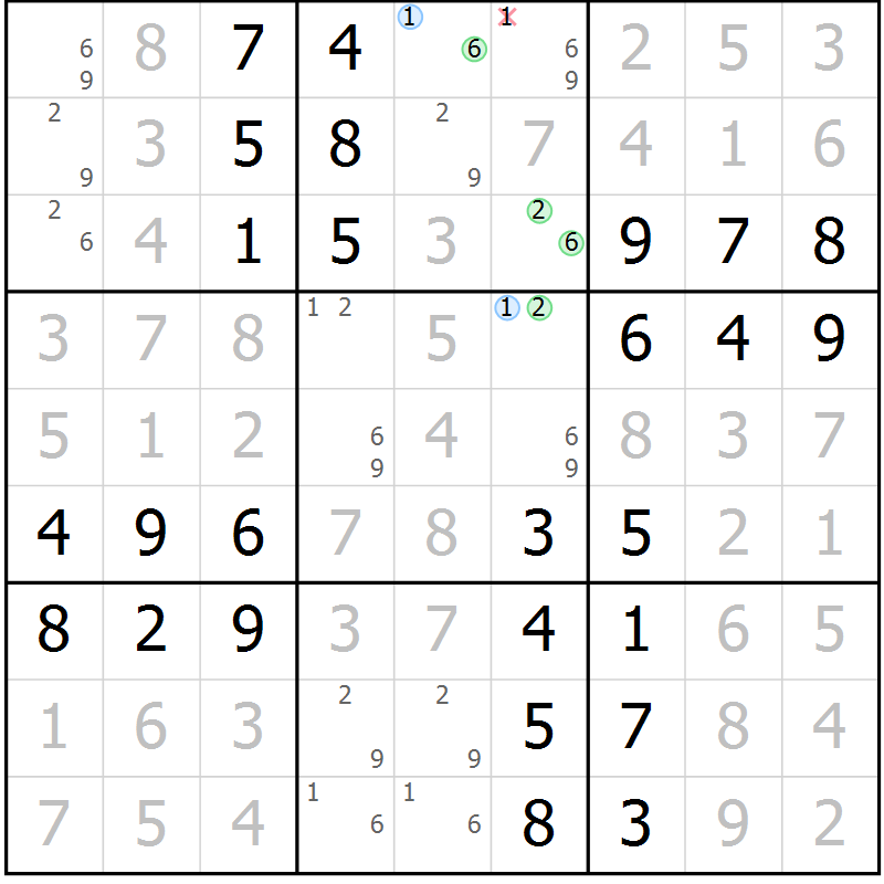Position des candidats pour la solution de la Gr 50 page 53 du magazine de sudoku Virtuose n° 111