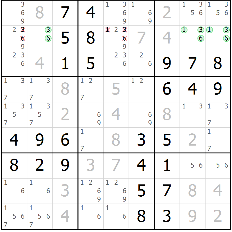 Position des candidats pour la solution de la Gr 50 page 53 du magazine de sudoku Virtuose n° 111