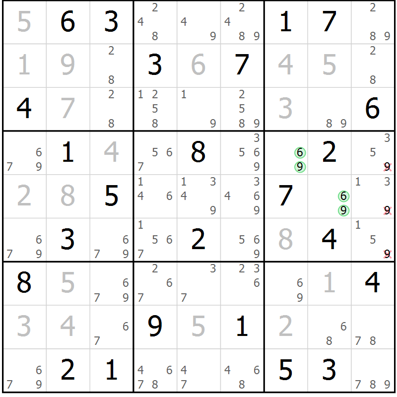 Position des candidats pour la solution de la Gr 51 page 54 du magazine de sudoku Virtuose n° 111