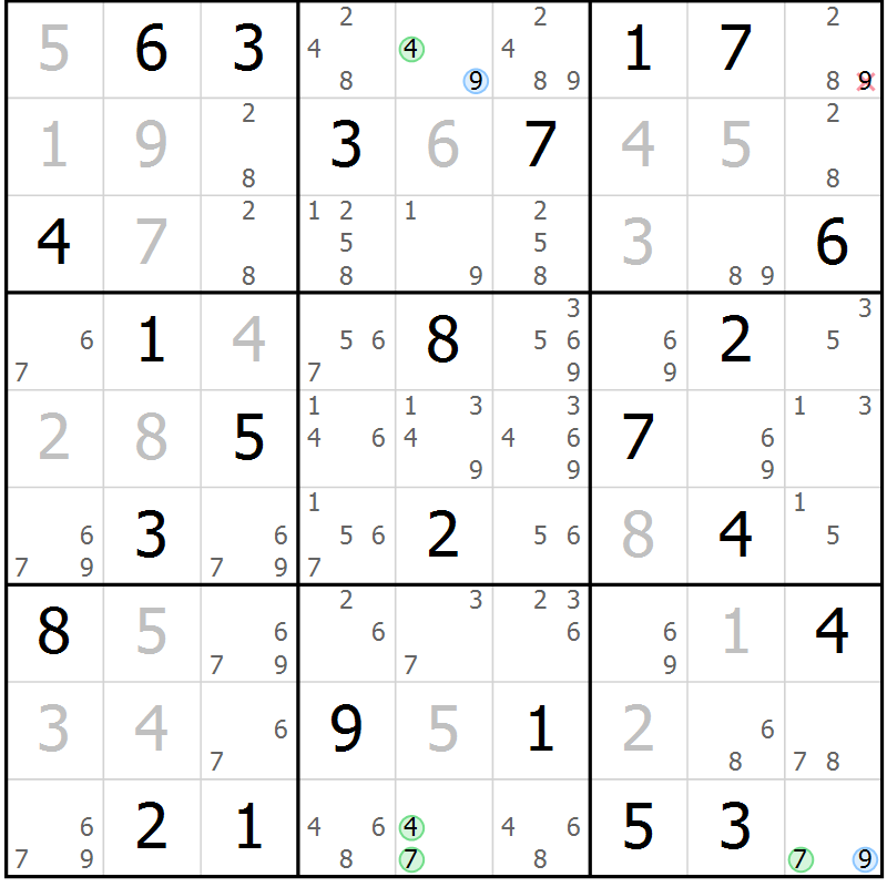 Position des candidats pour la solution de la Gr 51 page 54 du magazine de sudoku Virtuose n° 111