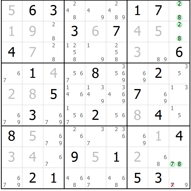Position des candidats pour la solution de la Gr 51 page 54 du magazine de sudoku Virtuose n° 111
