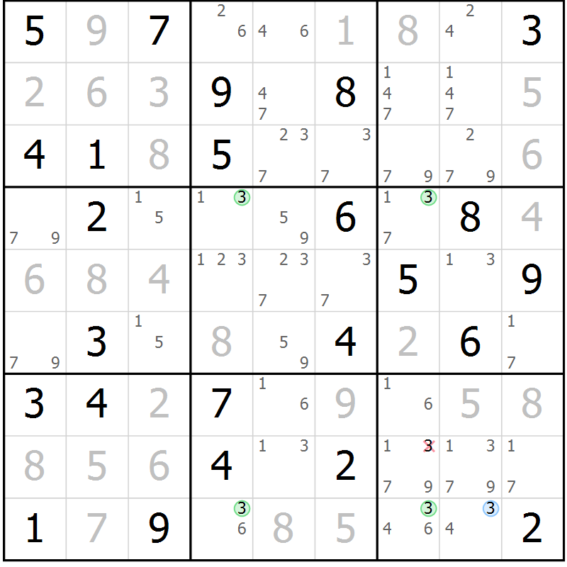 Position des candidats pour la solution de la Gr 52 page 55 du magazine de sudoku Virtuose n° 111