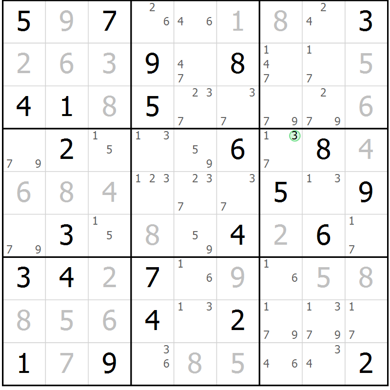 Position des candidats pour la solution de la Gr 52 page 55 du magazine de sudoku Virtuose n° 111