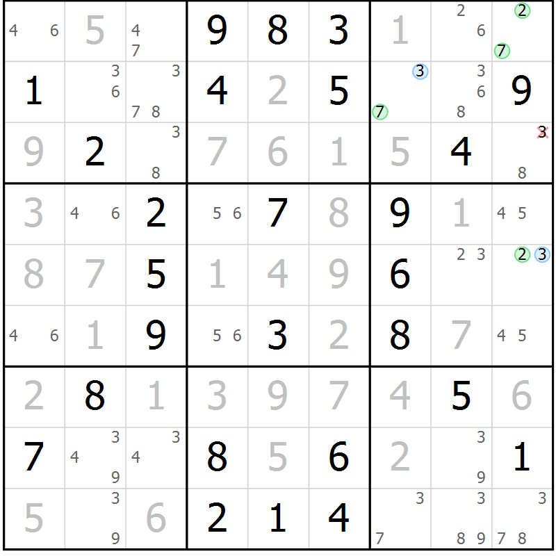 Position des candidats pour la solution de la Gr 53 page 56 du magazine de sudoku Virtuose n° 111