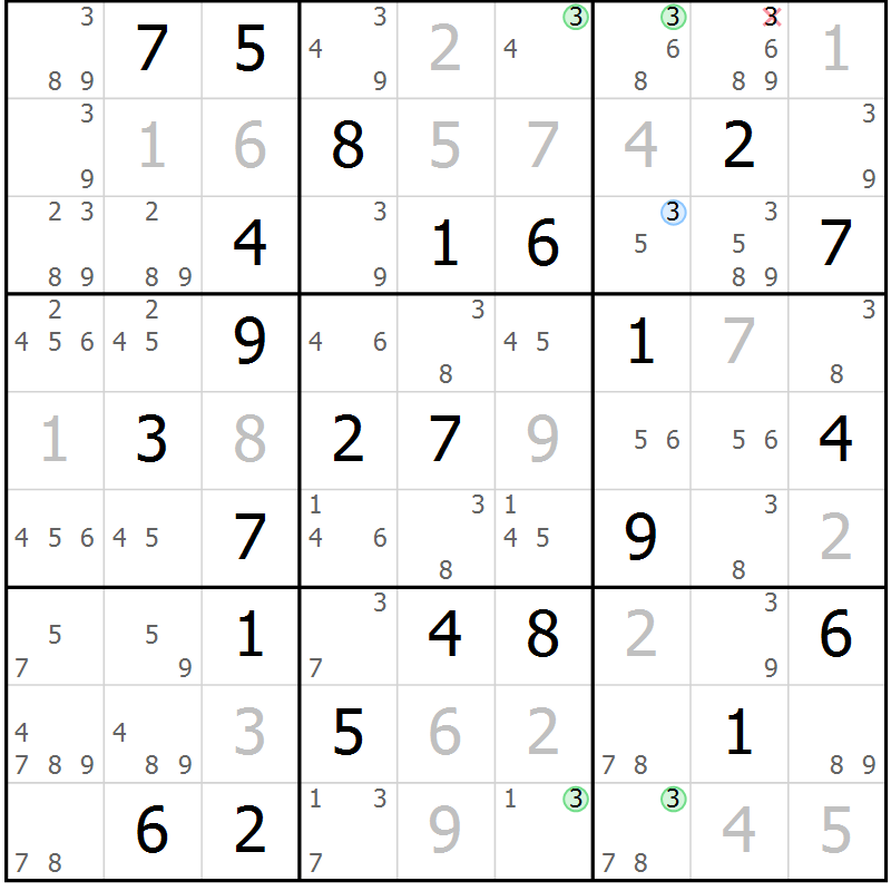 Position des candidats pour la solution de la Gr 54 page 57 du magazine de sudoku Virtuose n° 111