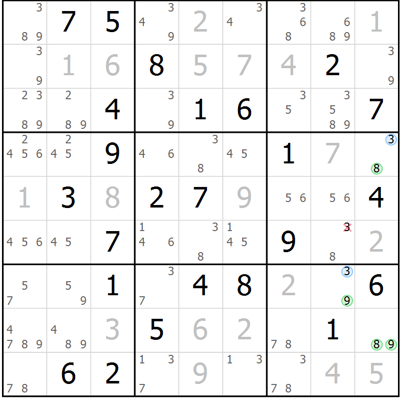 Position des candidats pour la solution de la Gr 54 page 57 du magazine de sudoku Virtuose n° 111