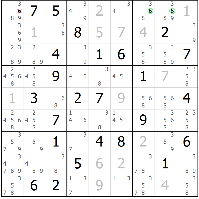 Position des candidats pour la solution de la Gr 54 page 57 du magazine de sudoku Virtuose n° 111