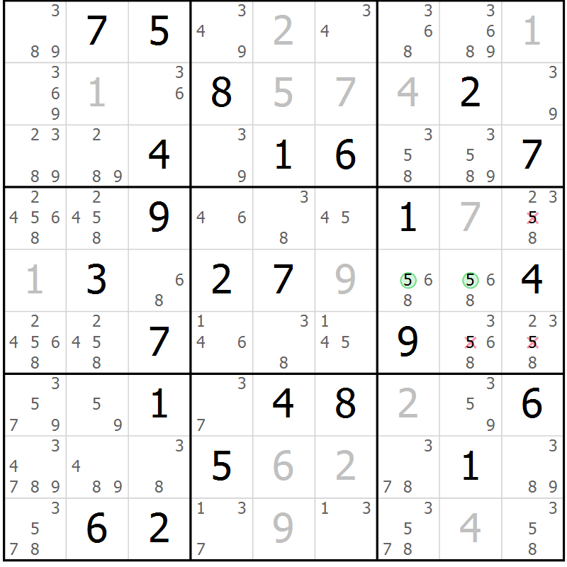 Position des candidats pour la solution de la Gr 54 page 57 du magazine de sudoku Virtuose n° 111