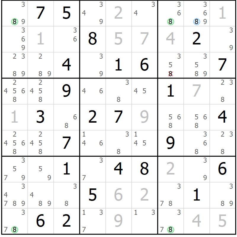 Position des candidats pour la solution de la Gr 54 page 57 du magazine de sudoku Virtuose n° 111