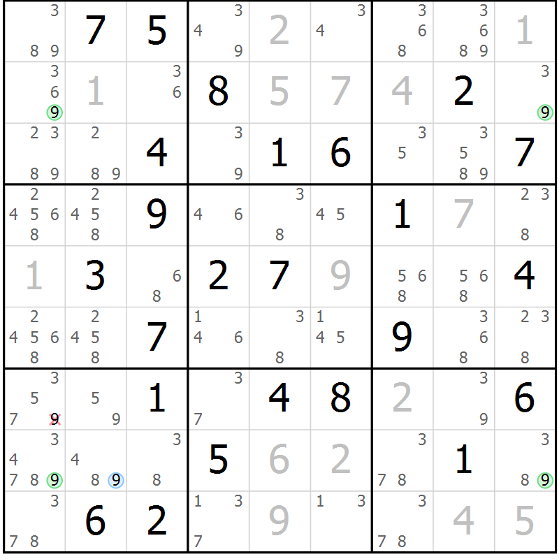 Position des candidats pour la solution de la Gr 54 page 57 du magazine de sudoku Virtuose n° 111