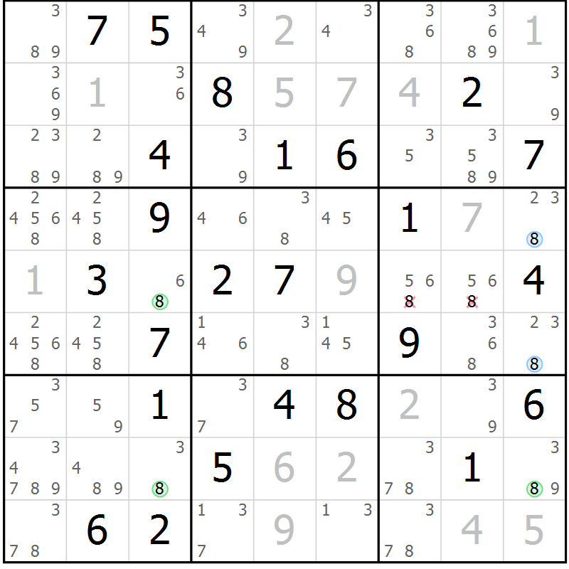 Position des candidats pour la solution de la Gr 54 page 57 du magazine de sudoku Virtuose n° 111