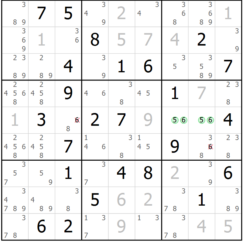 Position des candidats pour la solution de la Gr 54 page 57 du magazine de sudoku Virtuose n° 111