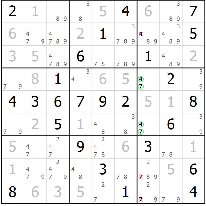 Position des candidats pour la solution de la Gr 55 page 58 du magazine de sudoku Virtuose n° 111