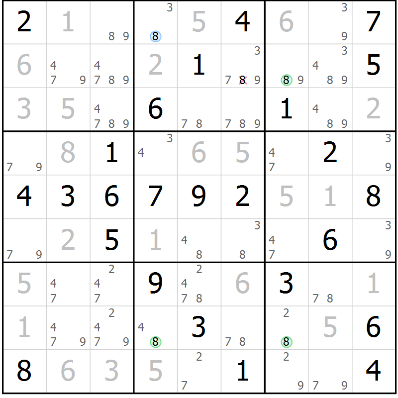 Position des candidats pour la solution de la Gr 55 page 58 du magazine de sudoku Virtuose n° 111
