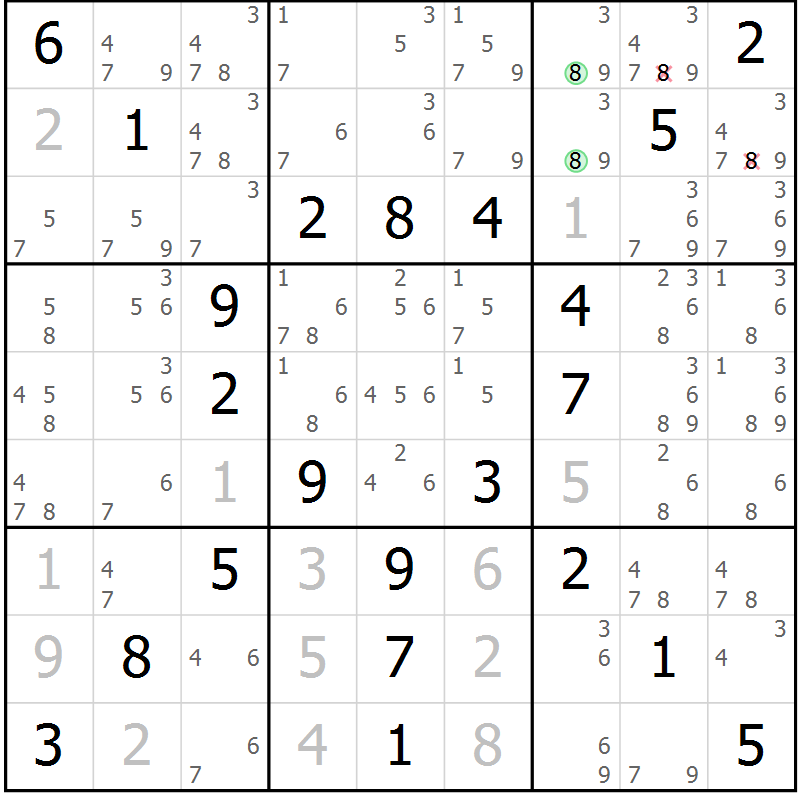 Position des candidats pour la solution de la Gr 56 page 59 du magazine de sudoku Virtuose n° 111