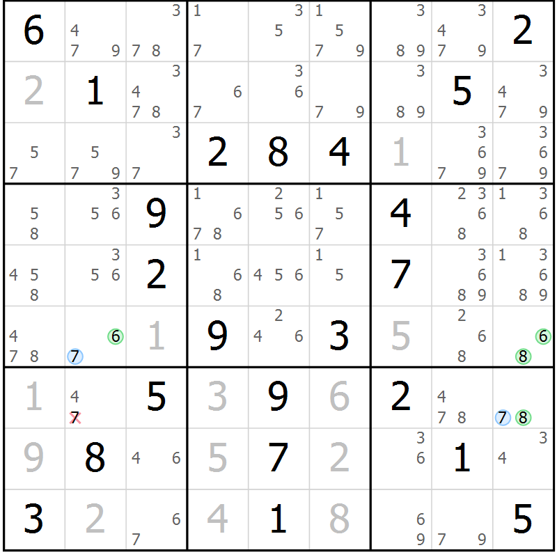 Position des candidats pour la solution de la Gr 56 page 59 du magazine de sudoku Virtuose n° 111