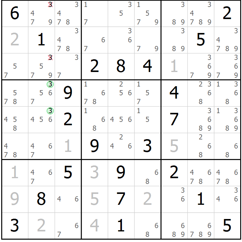 Position des candidats pour la solution de la Gr 56 page 59 du magazine de sudoku Virtuose n° 111