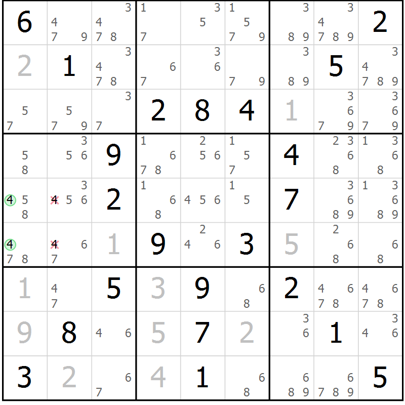Position des candidats pour la solution de la Gr 56 page 59 du magazine de sudoku Virtuose n° 111