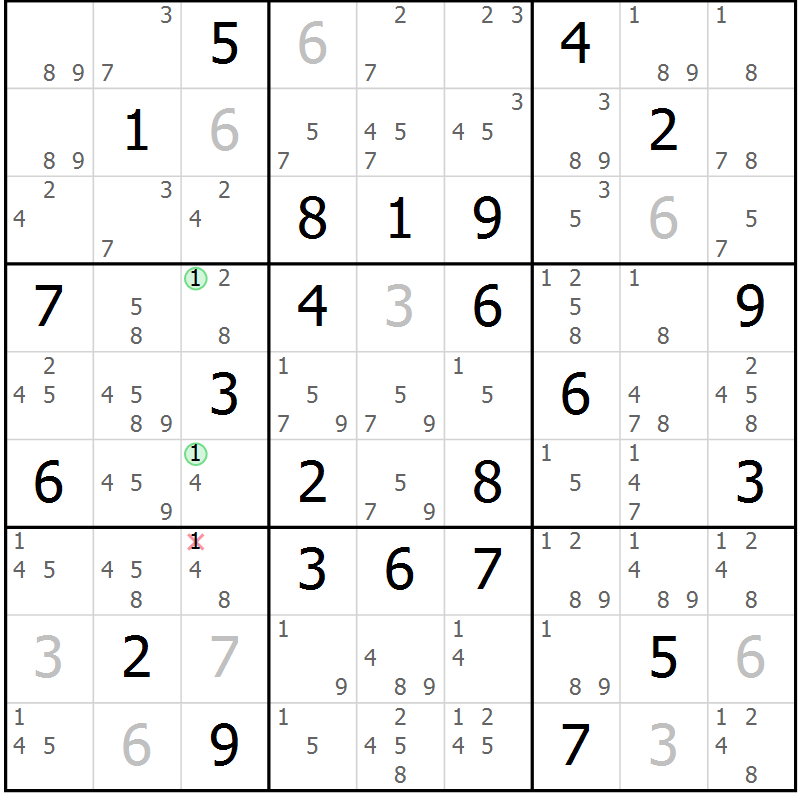 Position des candidats pour la solution de la Gr 57 page 60 du magazine de sudoku Virtuose n° 111