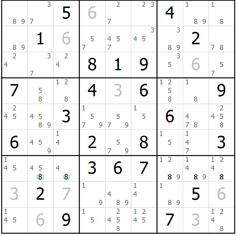 Position des candidats pour la solution de la Gr 57 page 60 du magazine de sudoku Virtuose n° 111