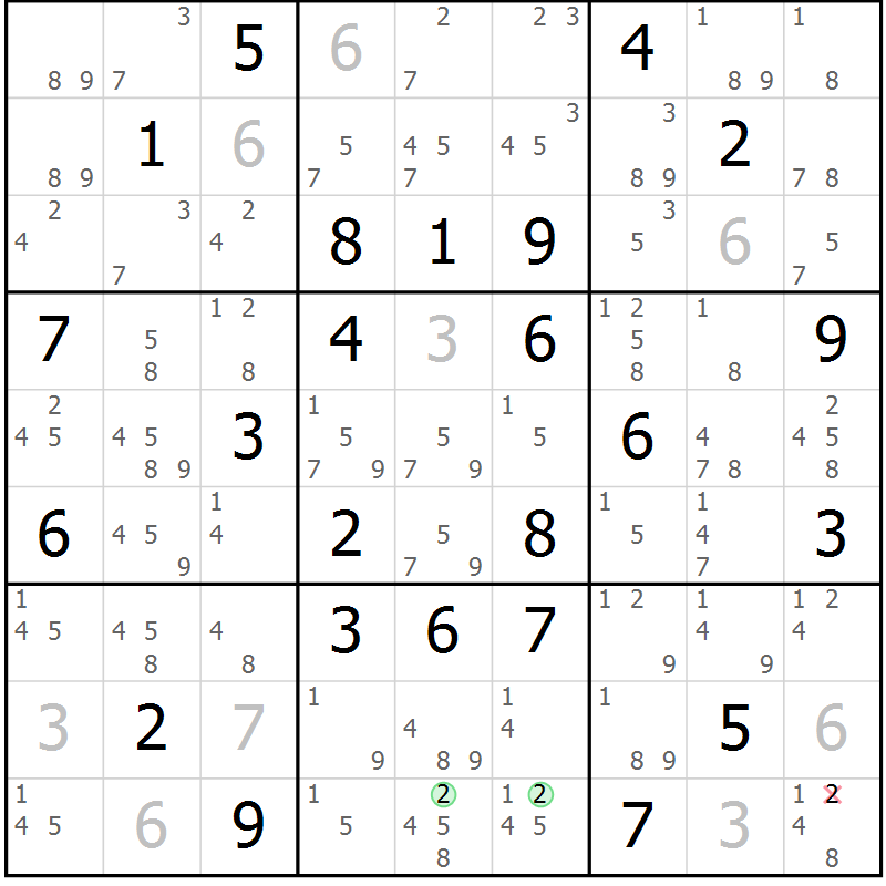 Position des candidats pour la solution de la Gr 57 page 60 du magazine de sudoku Virtuose n° 111