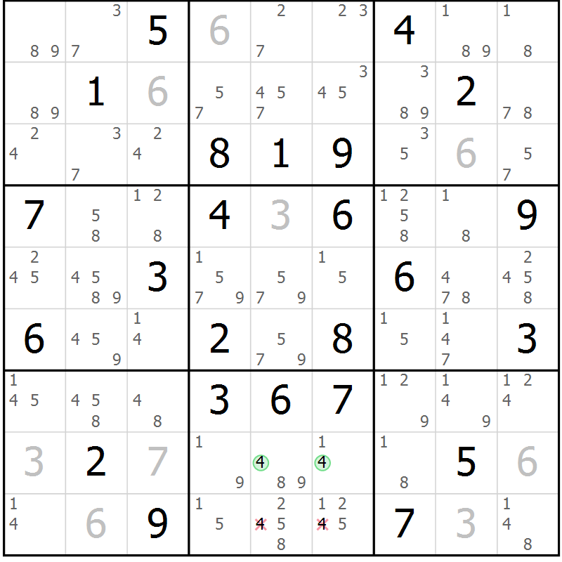 Position des candidats pour la solution de la Gr 57 page 60 du magazine de sudoku Virtuose n° 111