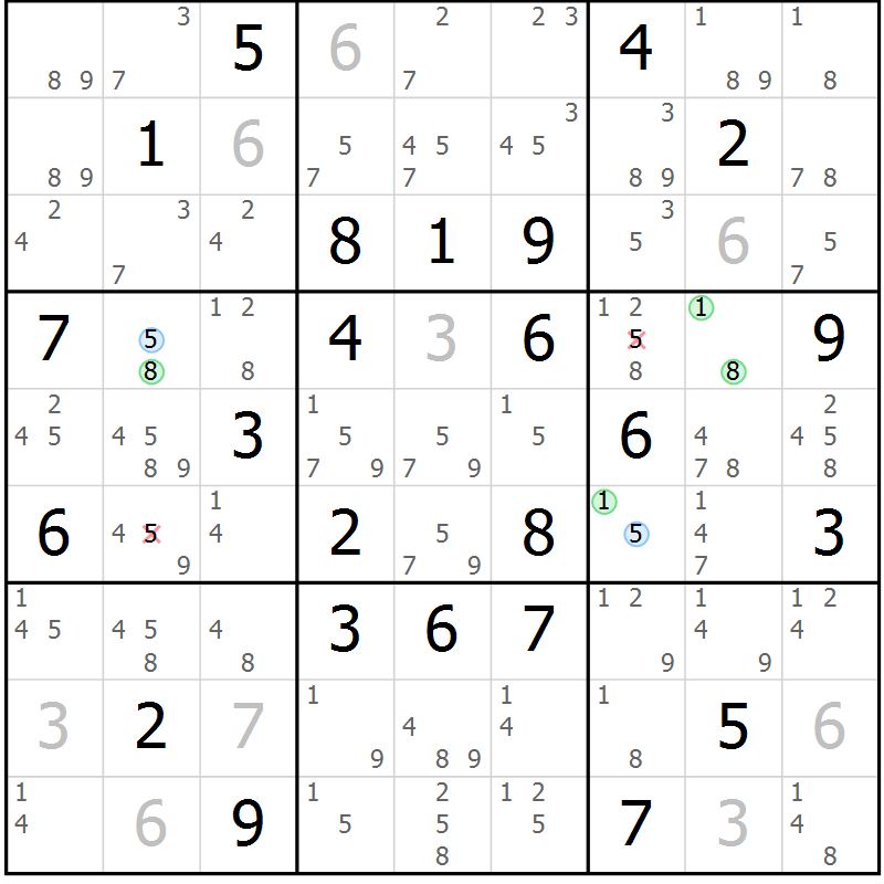 Position des candidats pour la solution de la Gr 57 page 60 du magazine de sudoku Virtuose n° 111
