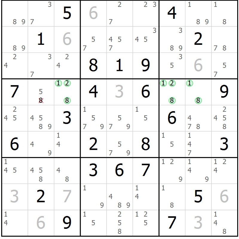 Position des candidats pour la solution de la Gr 57 page 60 du magazine de sudoku Virtuose n° 111