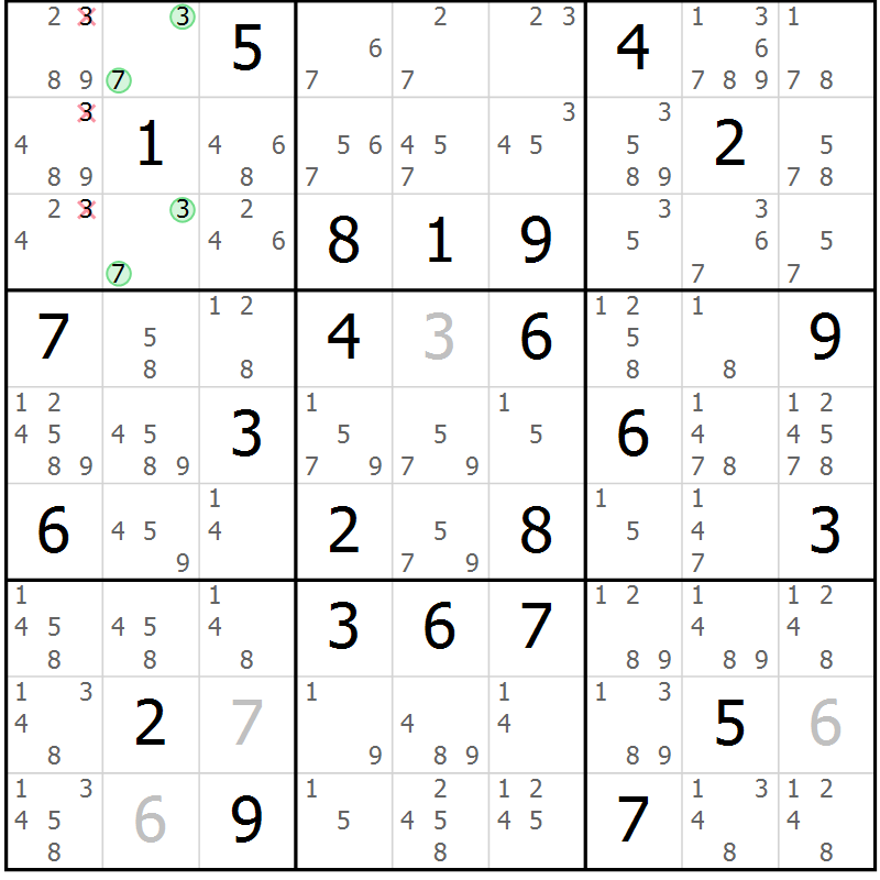 Position des candidats pour la solution de la Gr 57 page 60 du magazine de sudoku Virtuose n° 111
