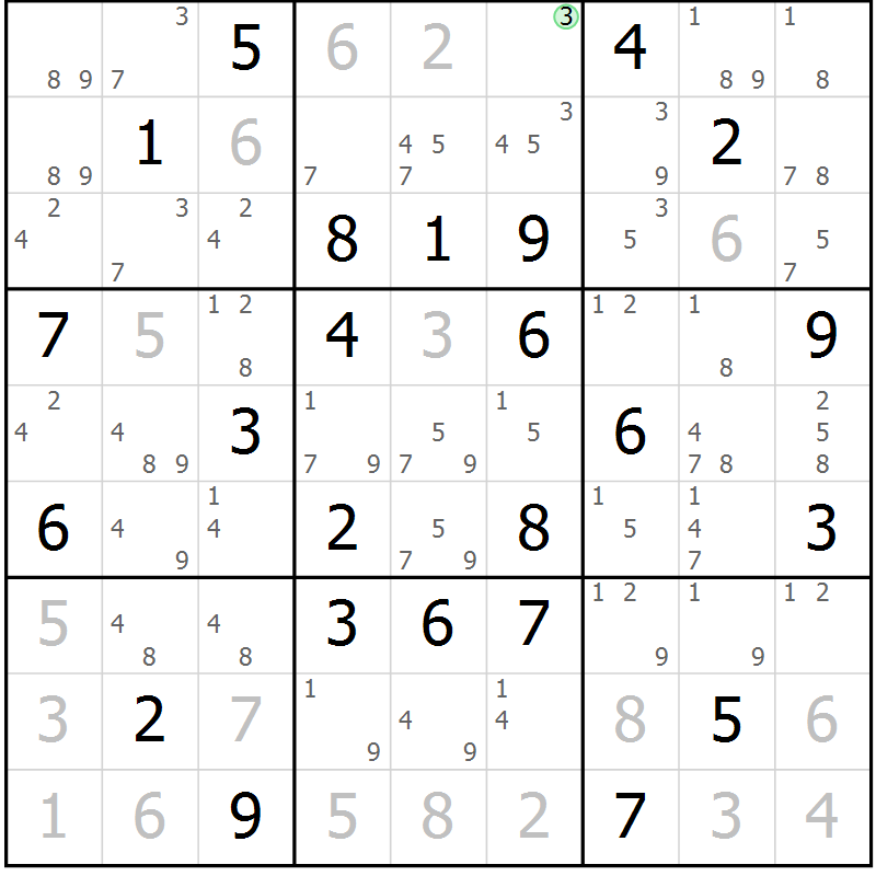 Position des candidats pour la solution de la Gr 57 page 60 du magazine de sudoku Virtuose n° 111