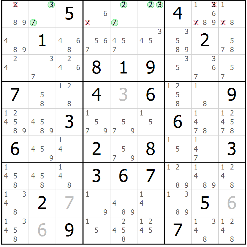 Position des candidats pour la solution de la Gr 57 page 60 du magazine de sudoku Virtuose n° 111
