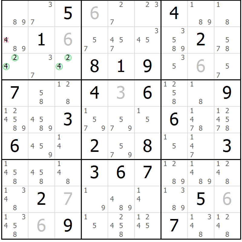 Position des candidats pour la solution de la Gr 57 page 60 du magazine de sudoku Virtuose n° 111