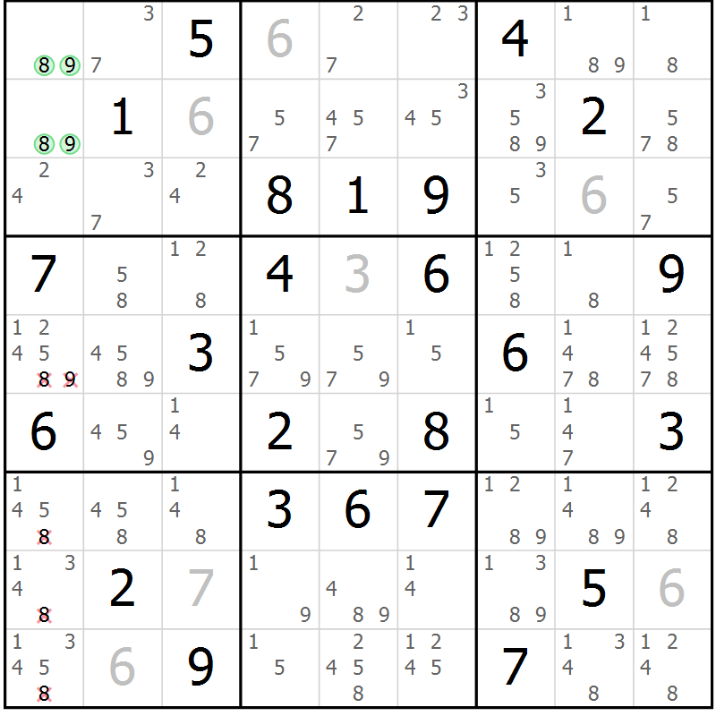Position des candidats pour la solution de la Gr 57 page 60 du magazine de sudoku Virtuose n° 111