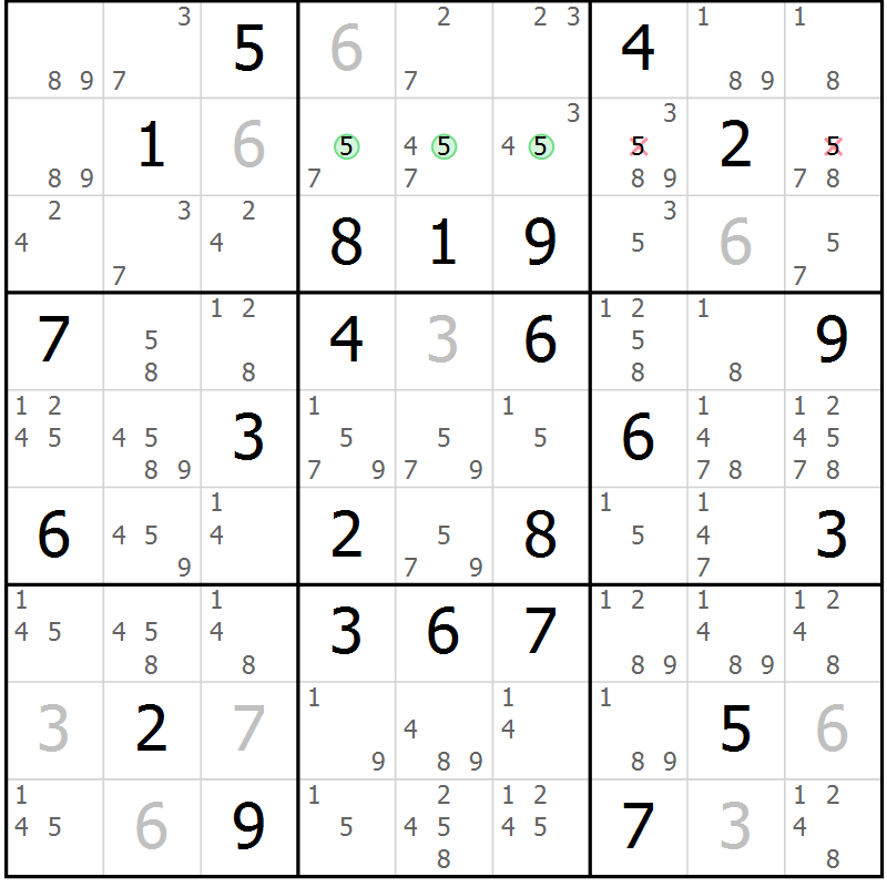 Position des candidats pour la solution de la Gr 57 page 60 du magazine de sudoku Virtuose n° 111