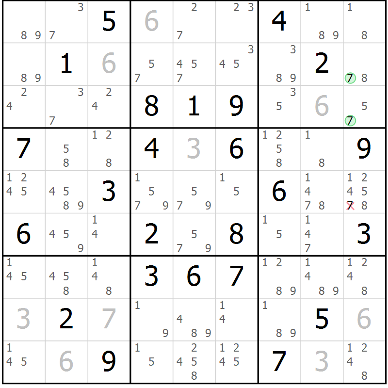 Position des candidats pour la solution de la Gr 57 page 60 du magazine de sudoku Virtuose n° 111