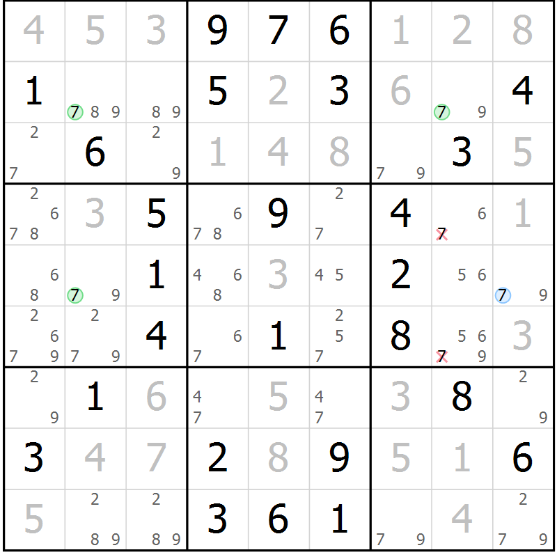Position des candidats pour la solution de la Gr 58 page 61 du magazine de sudoku Virtuose n° 111